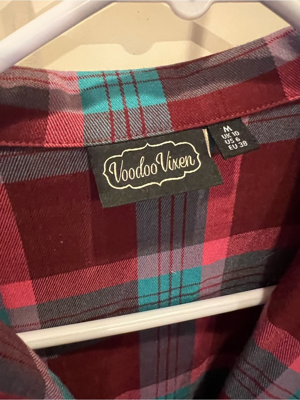 Voodoo Vixen Burgundy Plaid Button-Down Shirtdress with Teal Accents